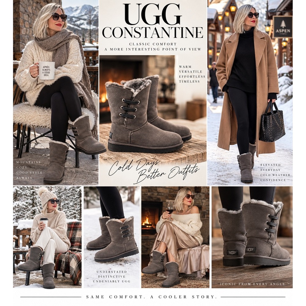 UGG Constantine 1018629 Gray Suede Shearling Side Lace Winter Boots Womens 9